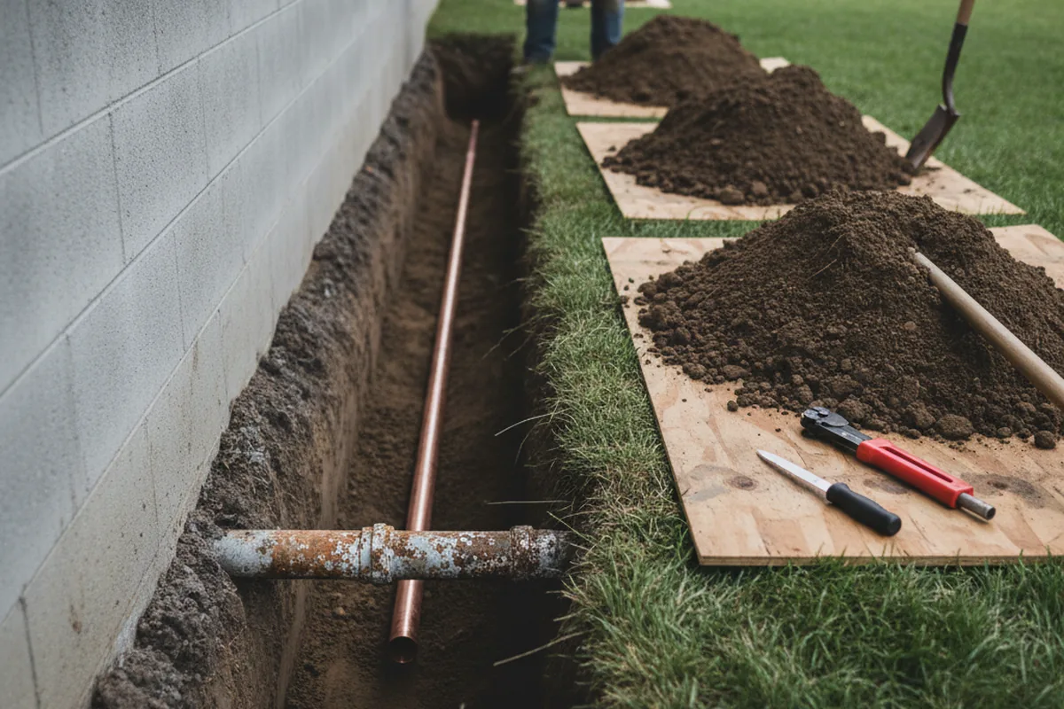 Excavated water line trench during Water Heater Repair in Cottontown